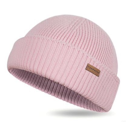 100% Merino Wool Fisherman Beanie for Men Women, Short Knit Cuff Trawler Winter Hat, Warm Soft Outdoor Gift - color: Light Pink