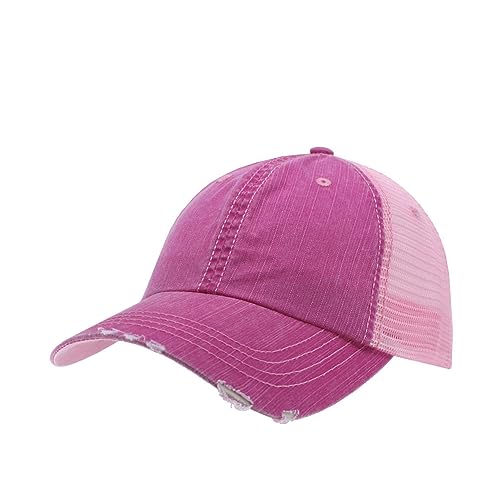 The Vintage Year Distressed Cotton Unstructured Soft Mesh Breathable Adjustable Dirty Wash Dad Hat Trucker Baseball Cap - color: Distressed Fuchsia