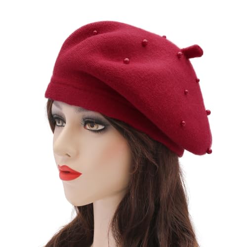 ZLYC Women French Beret Hat Winter Knitted Stretchable Beret Artist Cap - color: Pearls Red
