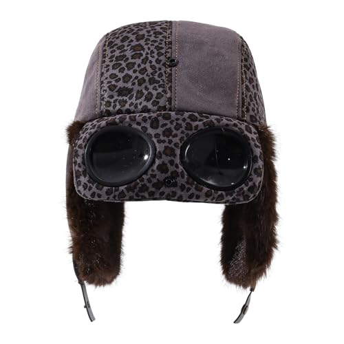 Winter Trapper Hats Leopard Aviator Hat with Goggles Earflaps Russian Trooper Pilot Cap for Men Cold Weather Ski Caps - color: Mg-lfm25121-grey