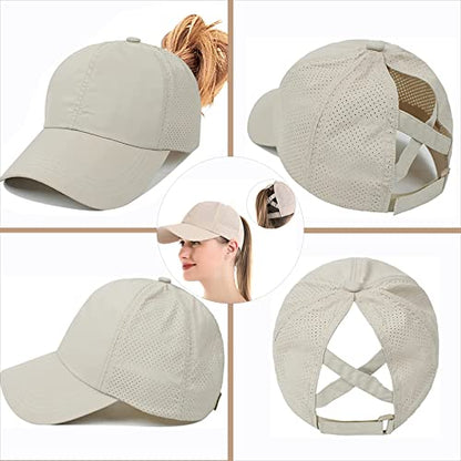 Womens Ponytail Hat Baseball Cap, Adjustable Criss Cross Baseball Cap High Bun Unisex Quick Drying Trucker Hats - color: Zkhaki