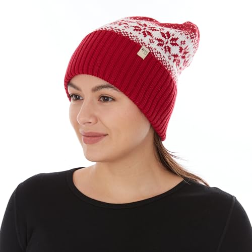 100% Merino Wool - Midweight Cuff Pom Beanie - Winter Pom Pom Hat - color: True Red Natural Cream Snowflake
