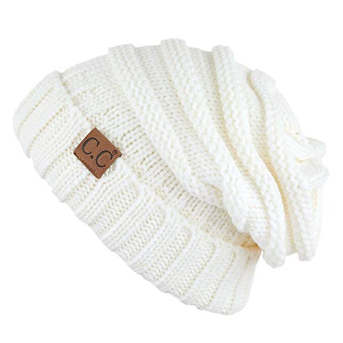 C.C Hat-100 Oversized Baggy Slouch Thick Warm Cap Hat Skully Cable Knit Beanie - color: Ivory