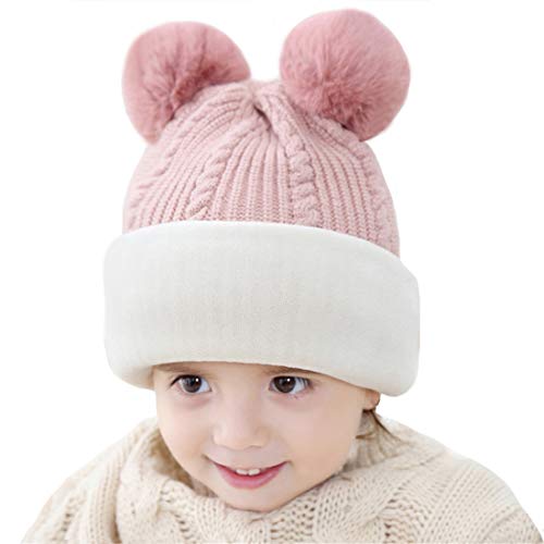 Toddler Winter Hat Baby Balaclava 2 in 1,Fleece Lined Knitted Beanie with Face Mask, Ear Flaps & Pom Pom for Boys Girls - color: Bear-black+pink