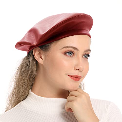 Wheebo PU Leather Berets for Women French Beret Hats Artist Painter Hat Classic Solid Style - color: Red