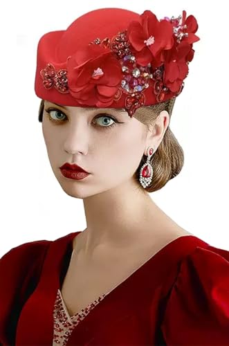 Women's Retro British Felt Headscarf Hat Church Derby Headdress with Floral Women's Soft Beret - color: Red