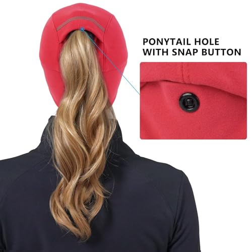 GADIEMKENSD Women's Winter Reflective Fleece Ponytail Hat with Drop Down Ear Warmer - color: Red, size: 7-7 1/8