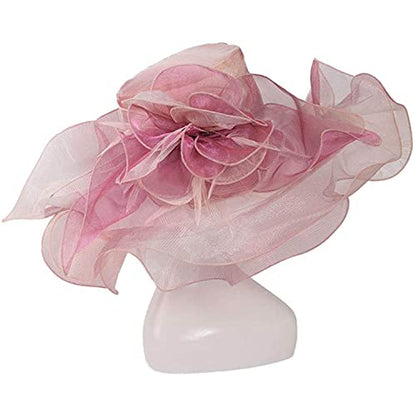 Women Oganza Sun Hat Church Wide Brim Wedding Formal Fascinator Hat - color: Gradient Pink(not a Vibrant Pink, It is More Pale)