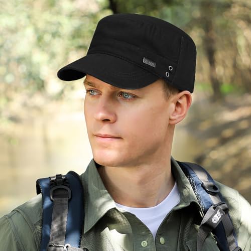 Cotton Military Caps for Men Women Unisex Flat Top Hat Adjustable Cadet Army Cap - color: Black