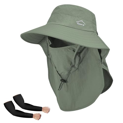 Rosoz Sun Hat for Men Women with Neck Flap& Removable Face Cover Wide Brim - color: 1pack-green/Arm Sleeves