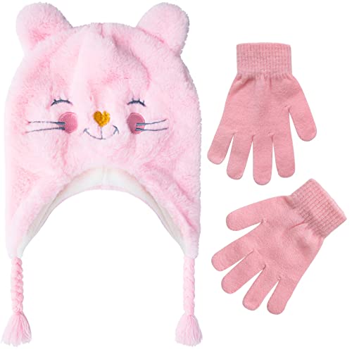 Toddler Winter Hat and Gloves Set for Ages 4-7 or Boys & Girls Winter Hat & Toddler Mittens Ages 2-4 - color: Pink Kitten - Gloves, size: 4-7 Years