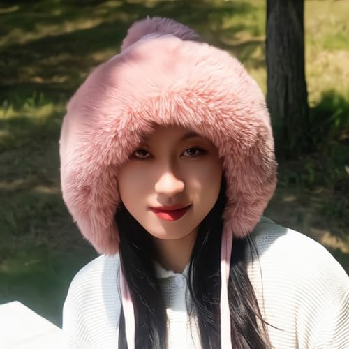Winter Pompom Beanie Hats for Women Fluffy Knit Skull Cap Womens Faux Fur Crochet Warm Bucket Outdoor Ear Cover - color: Pink