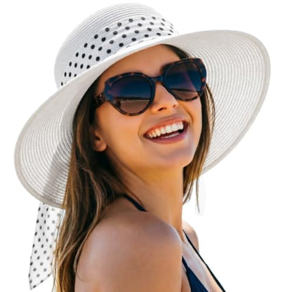 DRESHOW Sun Hats for Women Summer Wide Brim Beach Straw Hat Bowknot Bucket Hats Foldable Floppy Beach Sun Hat UPF 50+ - color: 1 Pack Polka Dot Bowknot Ribbon Hat: White