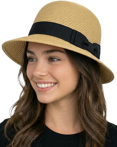 Funky Junque Foldable Wide Brim Straw Sun Hat, Packable Beach Cap - color: Natural