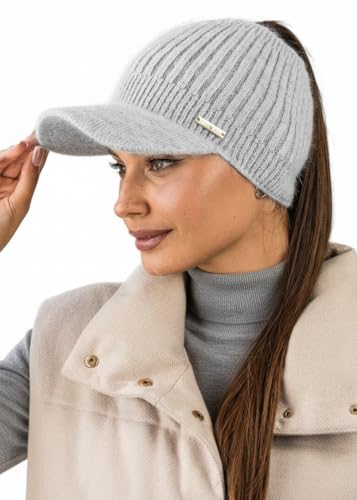 Beanie Visor - Womens Winter Wool Knit Hat with Brim - Billed Knit Cap Newsboy Hats - color: Ponytail Light Gray