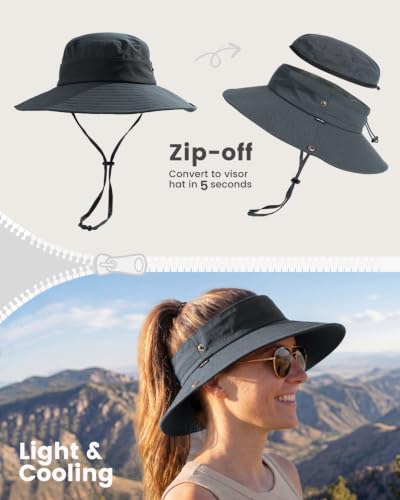 2-in-1 Womens Bucket Sun Hats, Sun Visor Hat, UPF 50+ Wide Brim, Ponytail-Friendly, Packable, Hiking Outdoor - color: Dark Grey