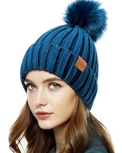 Womens Winter Beanie Hat Fleece Lined Warm Skull Cap with Faux Fur Pom Cuff Knitted Hat for Women - color: Blue