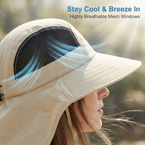 UV Sun Protection Hat Women Foldable Neck Flap Wide Brim Fishing Hat with Ponytail Hole for Women - color: Khaki