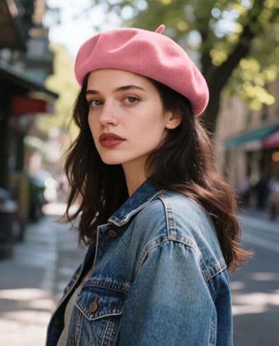 Wool French Beret Hats for Women Classic Winter Beanie Cap - color: Pink