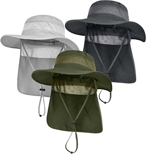 3 Pack Mens UPF 50+ Wide Brim Sun Hat with Neck Flap for Fishing Hiking Garden - color: 3 Pack Dark Grey＆light Grey＆army Green