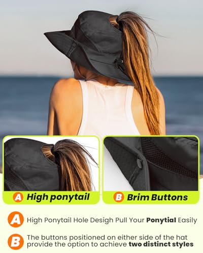EW EastWater Beach Sun Bucket Hats for Women,UV Protection High Ponytail Hole UPF 50+ Waterproof for Hiking Safari Fishing - color: Black