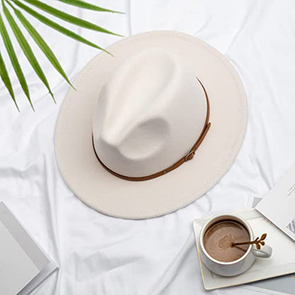 DRESHOW Women Classic Felt Fedora Wide Brim Floppy with Belt Buckle Panama Hat - color: 1 Pc Fedora Hat: Beige