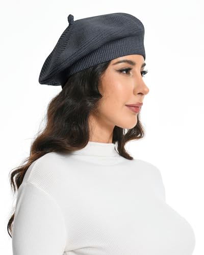 Cotton Knitted Women Beret Hat, French Style Solid Color Beret, Winter Autumn Warm and Soft Beanie Hat - color: Dark Gray