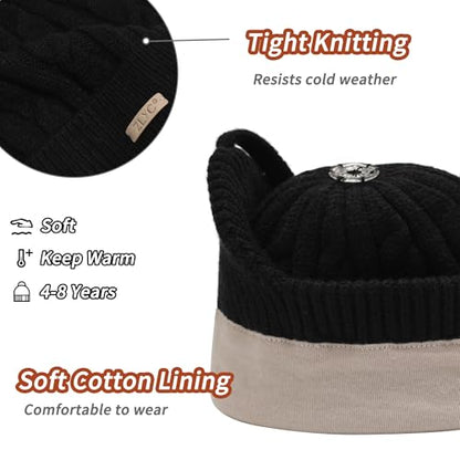 ZLYC Kids Girls Boy Winter Hat Cotton Lined Pom Pom Beanie Earflap Knit Cap - color: Solid Black