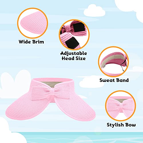 Straw Sun Visor for Women, Wide Brim UPF 50+ Protection Beach Hat, Adjustable, Roll Up Foldable Ponytail Cap with Chin Strap - color: Light Pink
