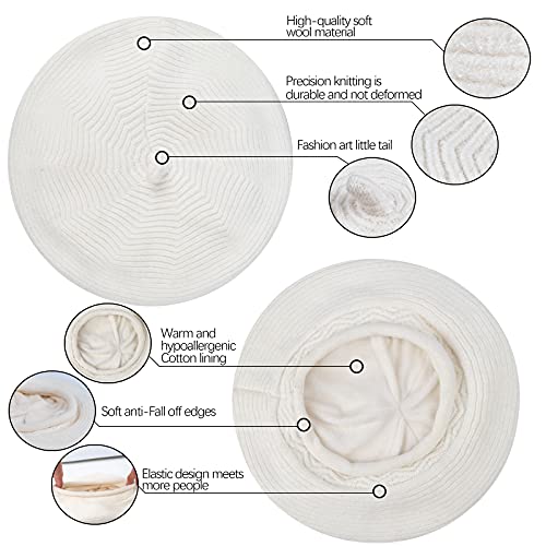 FENELY Beret Hat for Women, French Style Beanie Winter Fashion Warm Thickened Lining Knit Cap - color: White