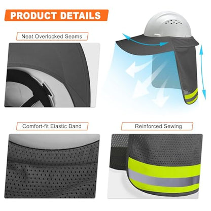 Hard Hat Sun Shade, Full Brim Mesh Neck Sun Shield with Reflective Strip, High Visibility Visor Neck Shade for Hard Hat Accessories, 2 Packs Grey - color: Grey