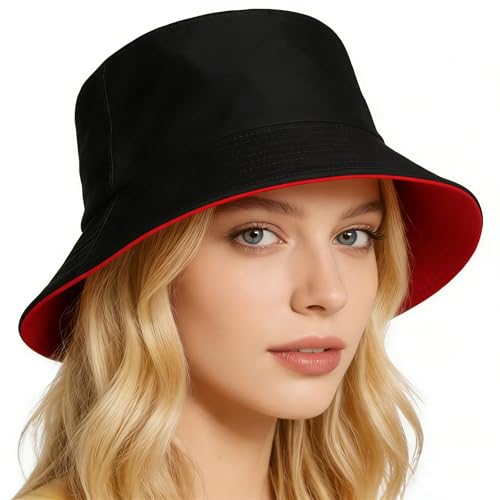 Bucket Hat for Men and Women 2-in-1 Reversible Sun Protection Fashion Flat Top Cap for Fishing Travel Beach Sports - color: Red-black