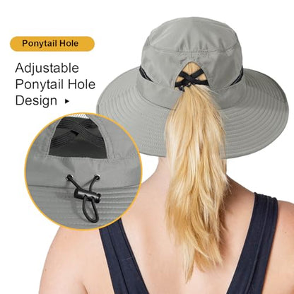 Bucket Sun Hat for Women Wide Brim Breathable Mesh UPF50+ Safari Hat Criss Cross Ponytail Hole Outdoor Rain Hat - color: Grey