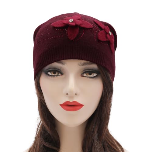 ZLYC Women Floral Slouchy Beanie Hat Double Layer Winter Knit Skull Cap - color: Dual Flowers Burgundy