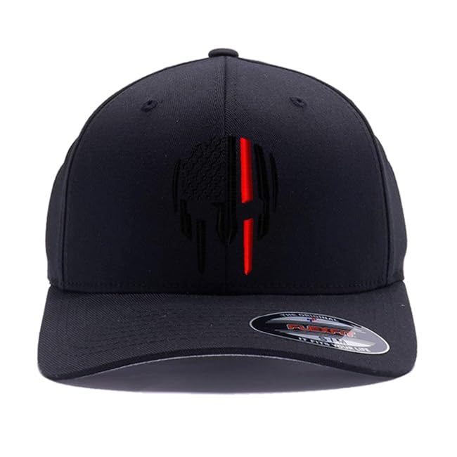 G&B Red Thin Red/Blue Line Spartan Helmet & Distressed Skull Flex Baseball Cap. Embroidered. 6277/6477 Flex Baseball Hat - color: Black, size: Large-X-Large