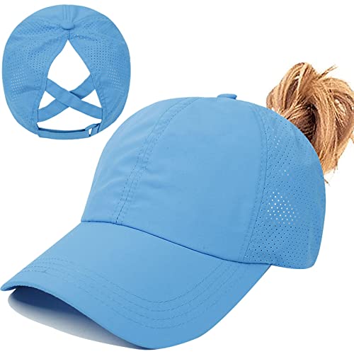 Womens Ponytail Hat Baseball Cap, Adjustable Criss Cross Baseball Cap High Bun Unisex Quick Drying Trucker Hats - color: Zblue
