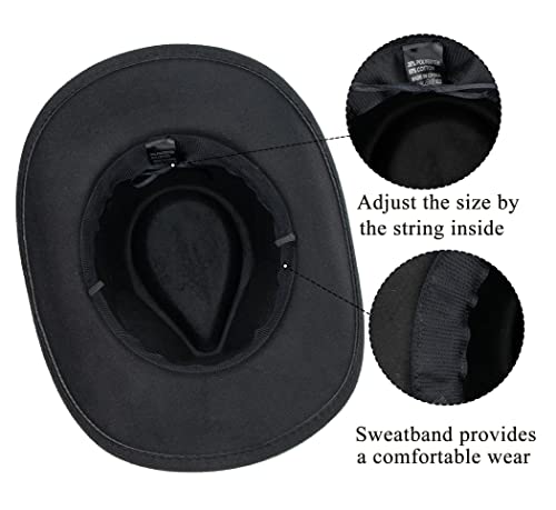 Black Cowboy Cowgirl Hat for Women Men Western Style Wide Brim Felt Fedora Panama Hat with Detachable Belt Buckle - color: Black-style a