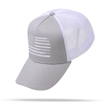 Baseball Cap, American Flag Trucker Hat for Men Women, Breathable Adjustable Fit Outdoor Mesh Snapback Hats - color: Gray/White Flag