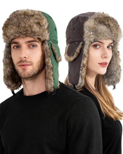 Chicingyou Trapper Hat for Man Women Warm Windproof Waterproof Russian Ushanka Hat Faux Fur Snow Ski Cap with Ear Flap - color: Green, Brown