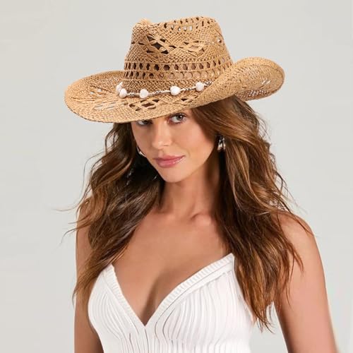 AQOKKA Straw Cowboy Hats for Women Men Western Cowgirl Hats with Shapeable Brim Woven Hollow Out Unisex Beach Roll Up Caps - color: Cowboy Hat : Dark Khaki a