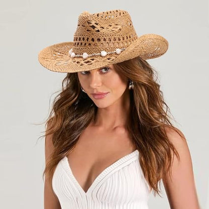 AQOKKA Straw Cowboy Hats for Women Men Western Cowgirl Hats with Shapeable Brim Woven Hollow Out Unisex Beach Roll Up Caps - color: Cowboy Hat : Dark Khaki a