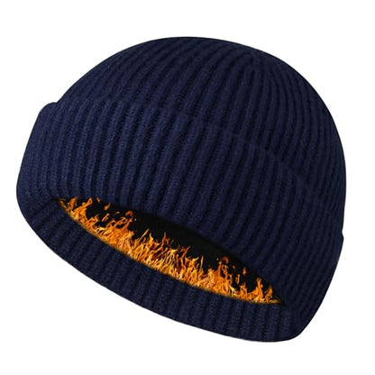 Heniho Wool Fleece Lined Fisherman Beanie for Men, Winter Warm Hats Cuffed Knit Watch Cap Trawler Hat - color: 1pack C- Navy