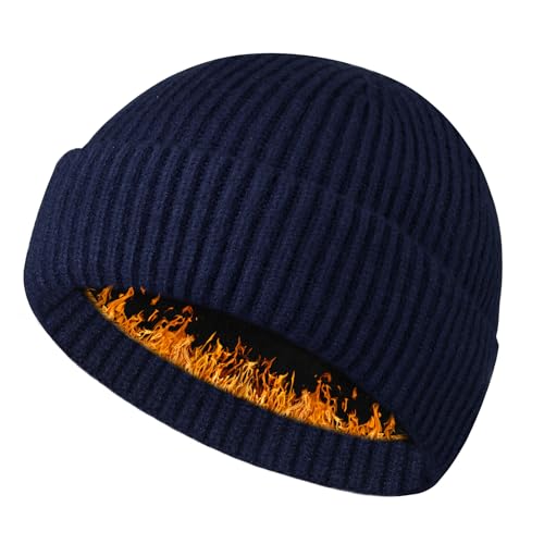 Heniho Wool Fleece Lined Fisherman Beanie for Men, Winter Warm Hats Cuffed Knit Watch Cap Trawler Hat - color: 1pack C- Navy