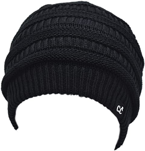 C.C Beanie Oversized Hat with Fuzzy Lining – Thick Knit Thermal Beanie for Cold Weather, Soft Warm Fleece Lined Cap - color: Black