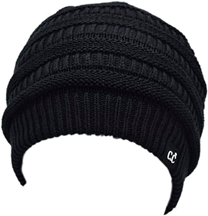 C.C Beanie Oversized Hat with Fuzzy Lining – Thick Knit Thermal Beanie for Cold Weather, Soft Warm Fleece Lined Cap - color: Black