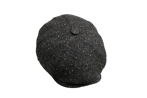 8 Panel Wool Blend Newsboy Cap – Classic Tweed & Herringbone Baker Boy Hat for Men & Women - color: Black Tweed, size: Small