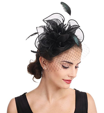 SAFERIN Women's Fascinators Feathers Tea Party Hat Veil Headband with Hair Clip for Cocktail Church - color: Ta2-floral Mesh Black