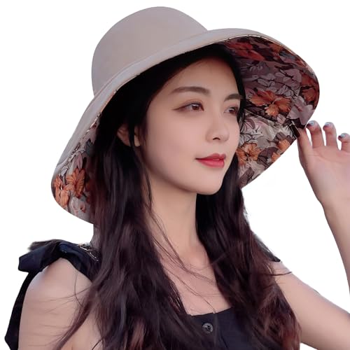 Women Bohemian Reversible Sun Hat Wide Brim Fishing Hats - color: Khaki Floral