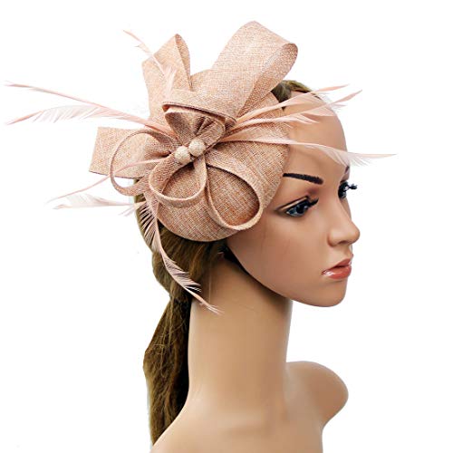 Specell Women's Handmade Tea Party Fascinator Hat, Pillbox Derby Hat with Feather Hair Clip, Elegant Formal Fashion Headwear. - color: A-a-champagne