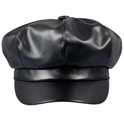 Women Newsboy Hats,8 Panel Ivy Beret PU Leather Cabbie Cap - color: Black